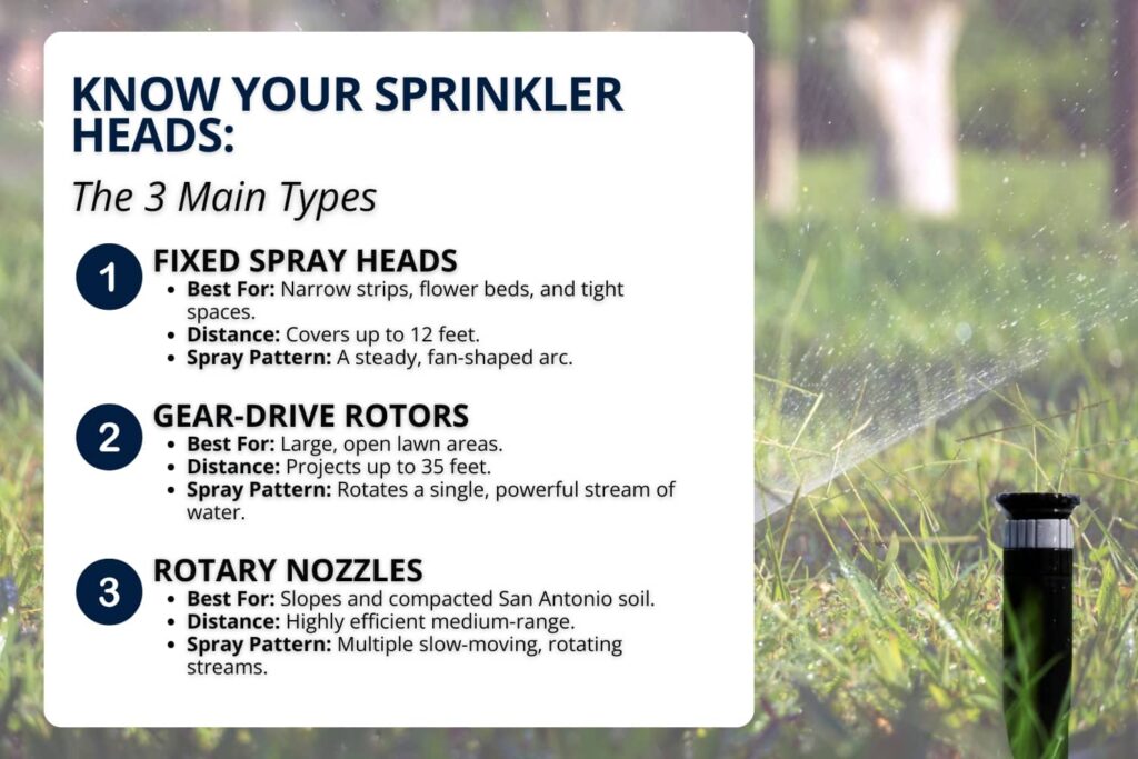 An infographic titled "Know Your Sprinkler Heads: The 3 Main Types" outlines the best uses, distance coverage, and spray patterns for fixed spray heads, gear-drive rotors, and rotary nozzles.