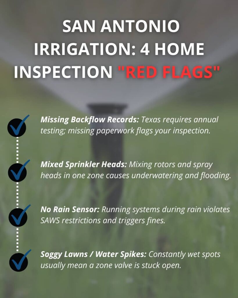 An infographic titled "San Antonio Irrigation: 4 Home Inspection 'Red Flags'" details common sprinkler system issues, including missing backflow records, mixed sprinkler heads, the lack of a rain sensor, and soggy lawns or water spikes.