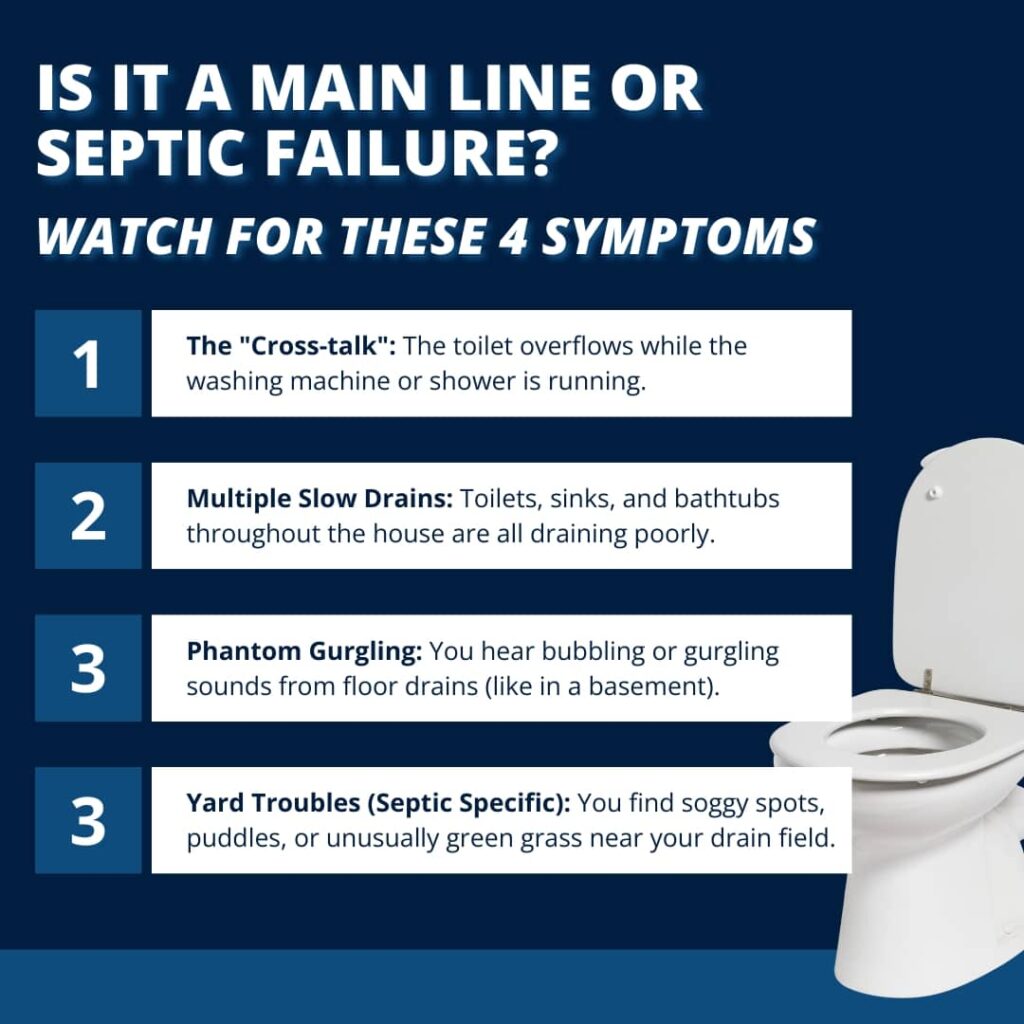 An infographic titled "Is it a Main Line or Septic Failure?" listing four key symptoms: cross-talk between fixtures, multiple slow drains, gurgling floor drains, and soggy yard spots.