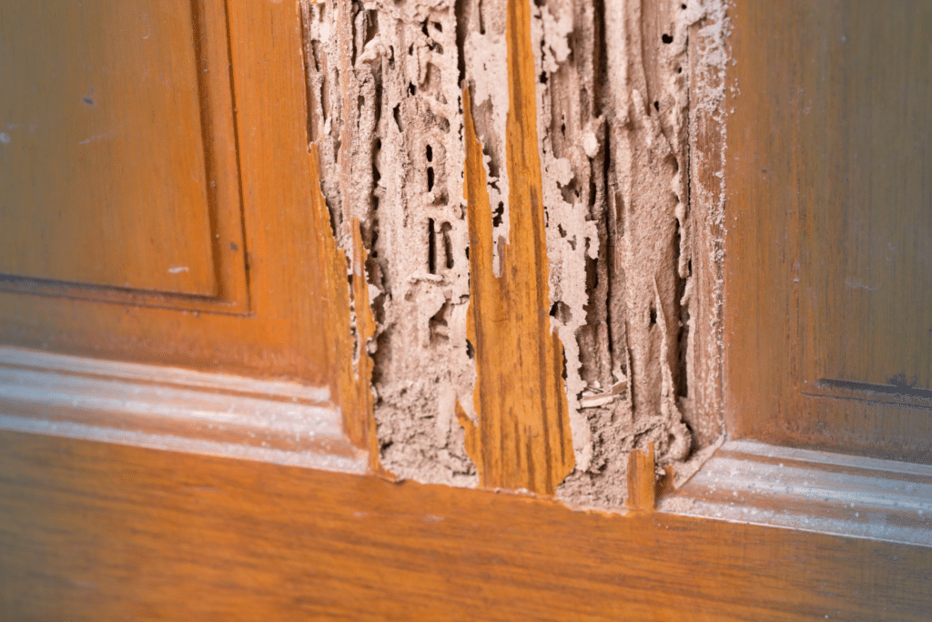 Severe structural damage is visible on a wooden door, where a large section has been eaten away to reveal the intricate galleries and sandy residue left by a termite infestation.