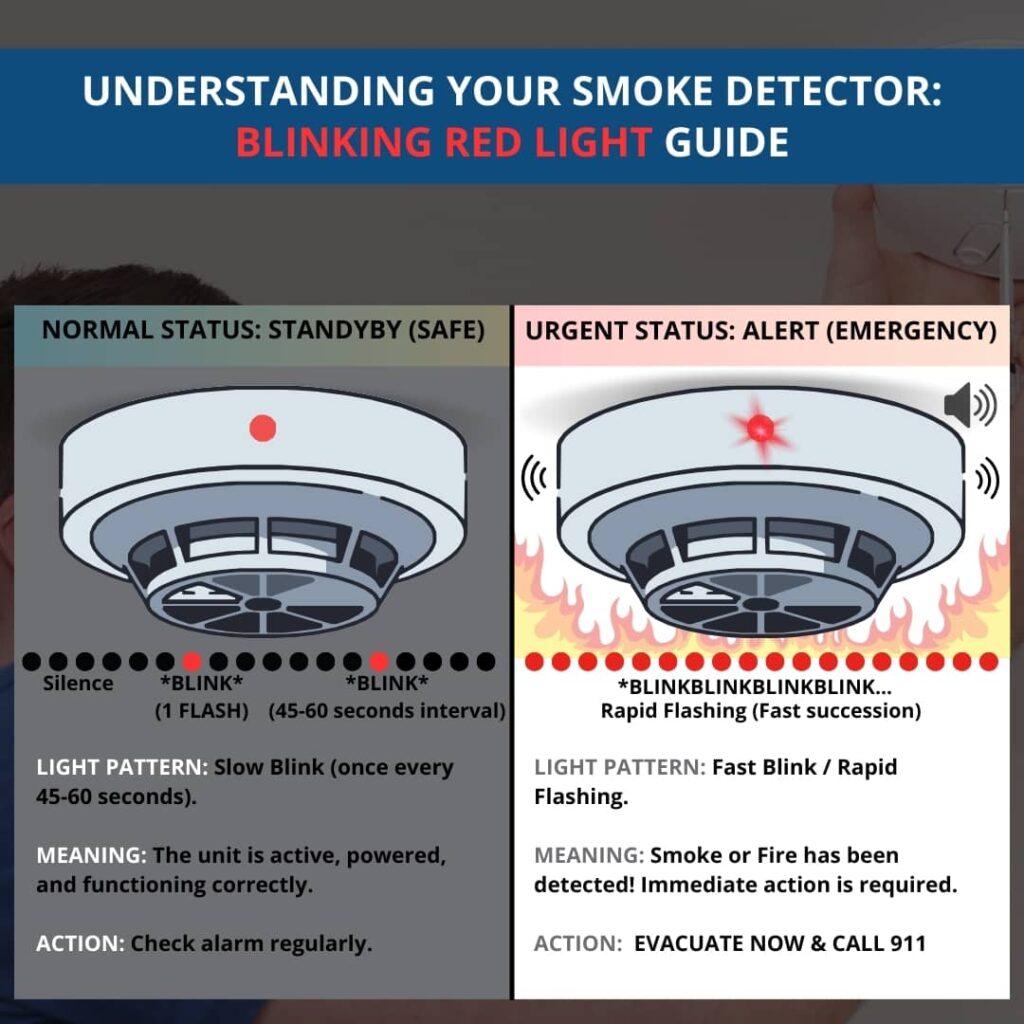 A comparison chart illustrating two smoke detector statuses: "Standby (Safe)" with a slow red blink every 45-60 seconds, and "Alert (Emergency)" with rapid red flashing and an alarm indicating smoke or fire.