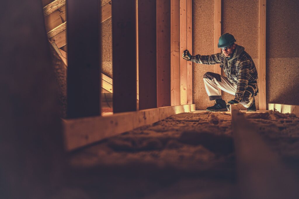 An inspector equipped with safety gear crouches in a dark attic space to evaluate the wooden framing and insulation layers of a home.
