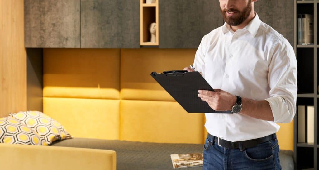 A bearded man in a white shirt and jeans writes on a black clipboard while standing in a room with a yellow padded wall and grey cabinetry.