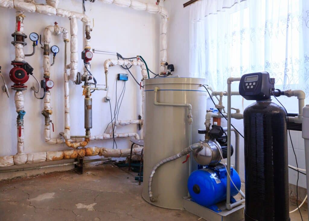 An interior view of a utility room shows a complex network of insulated pipes, gauges, a large storage tank, and a water filtration system.