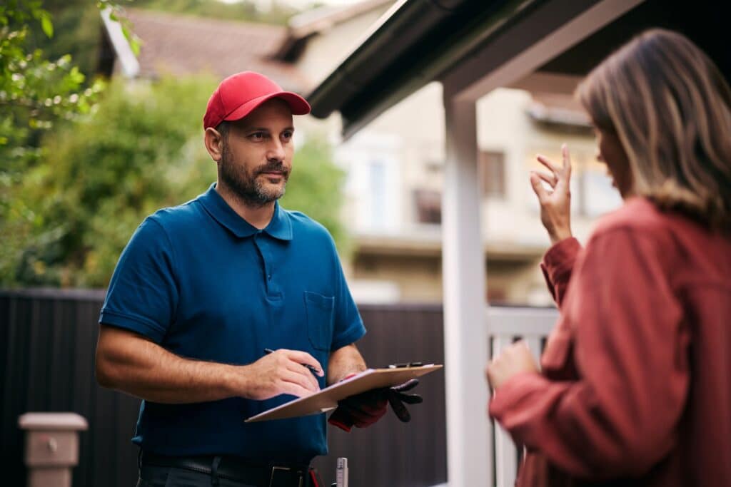 A professional inspector holding a clipboard discusses a property assessment with a homeowner outside a residential residence.