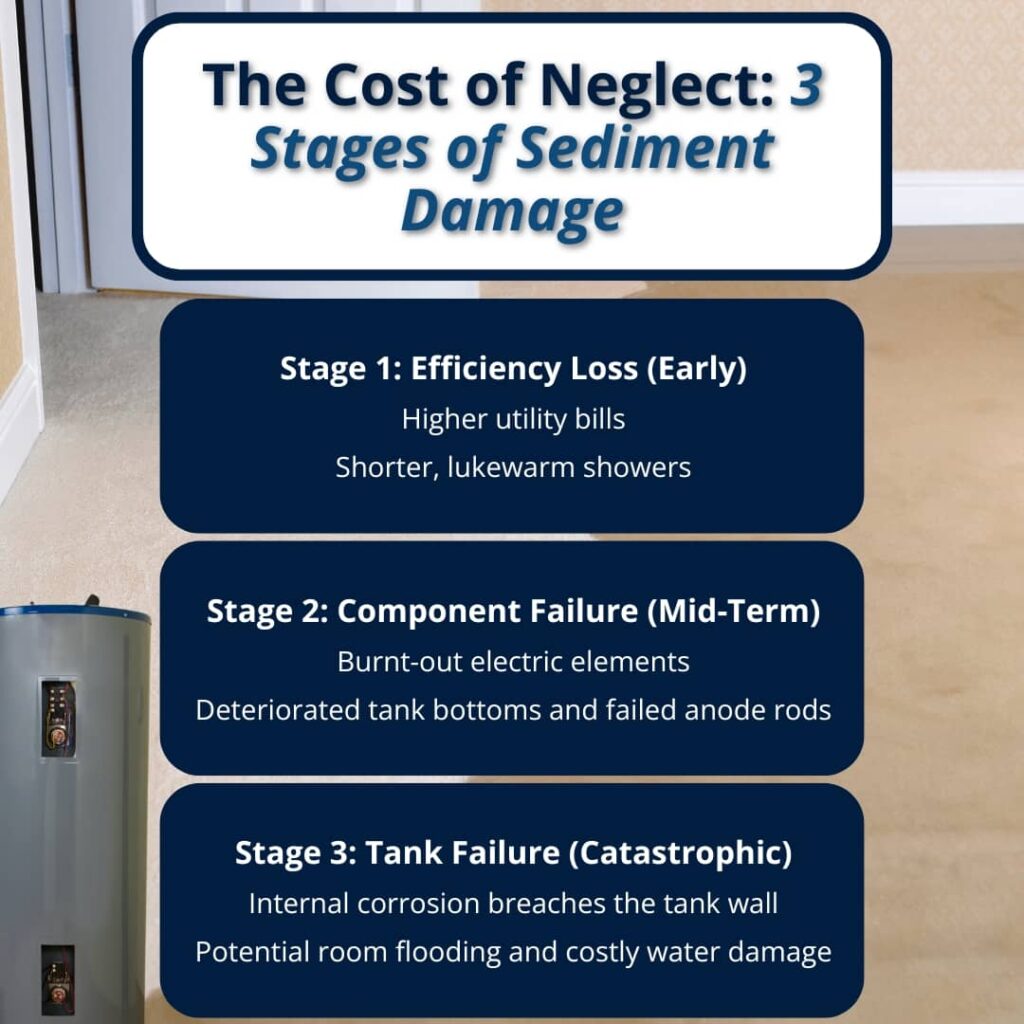 An infographic titled "The Cost of Neglect: 3 Stages of Sediment Damage" outlines how water heater sediment buildup progresses from early efficiency loss and mid-term component failure to catastrophic tank failure.