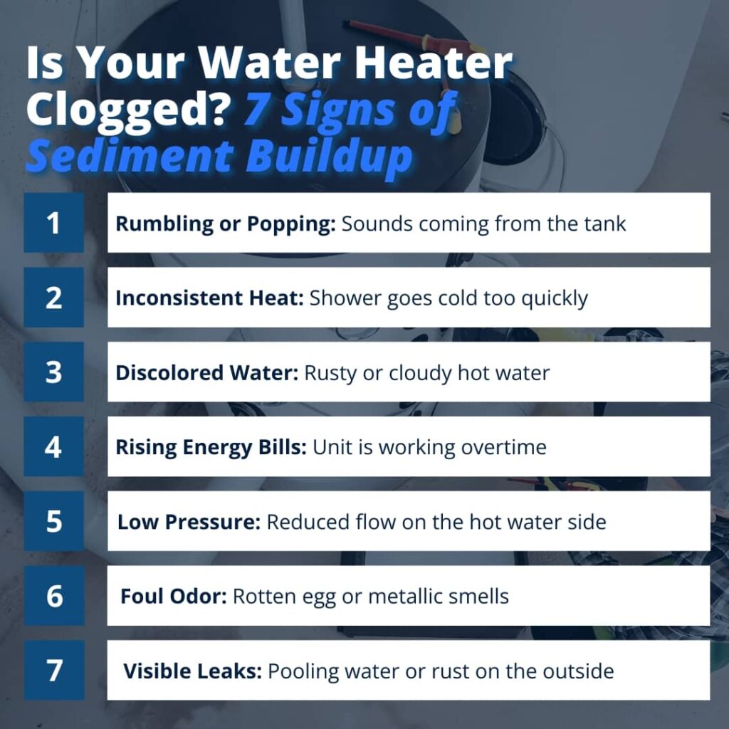 An infographic titled "Is Your Water Heater Clogged? 7 Signs of Sediment Buildup" lists seven common symptoms of a clogged tank, including rumbling noises, inconsistent heat, discolored water, rising energy bills, low pressure, foul odors, and visible leaks.